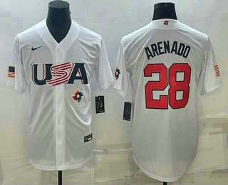 Mens USA Baseball #28 Nolan Arenado Number 2023 White World Baseball Classic Replica Stitched Jersey1->2023 world baseball classic->MLB Jersey